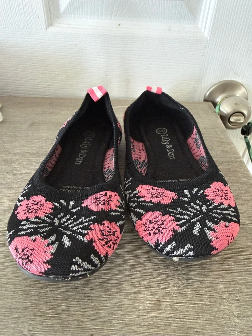 Lily & Dan Black Knit Ballet Flats with Pink Floral Pattern